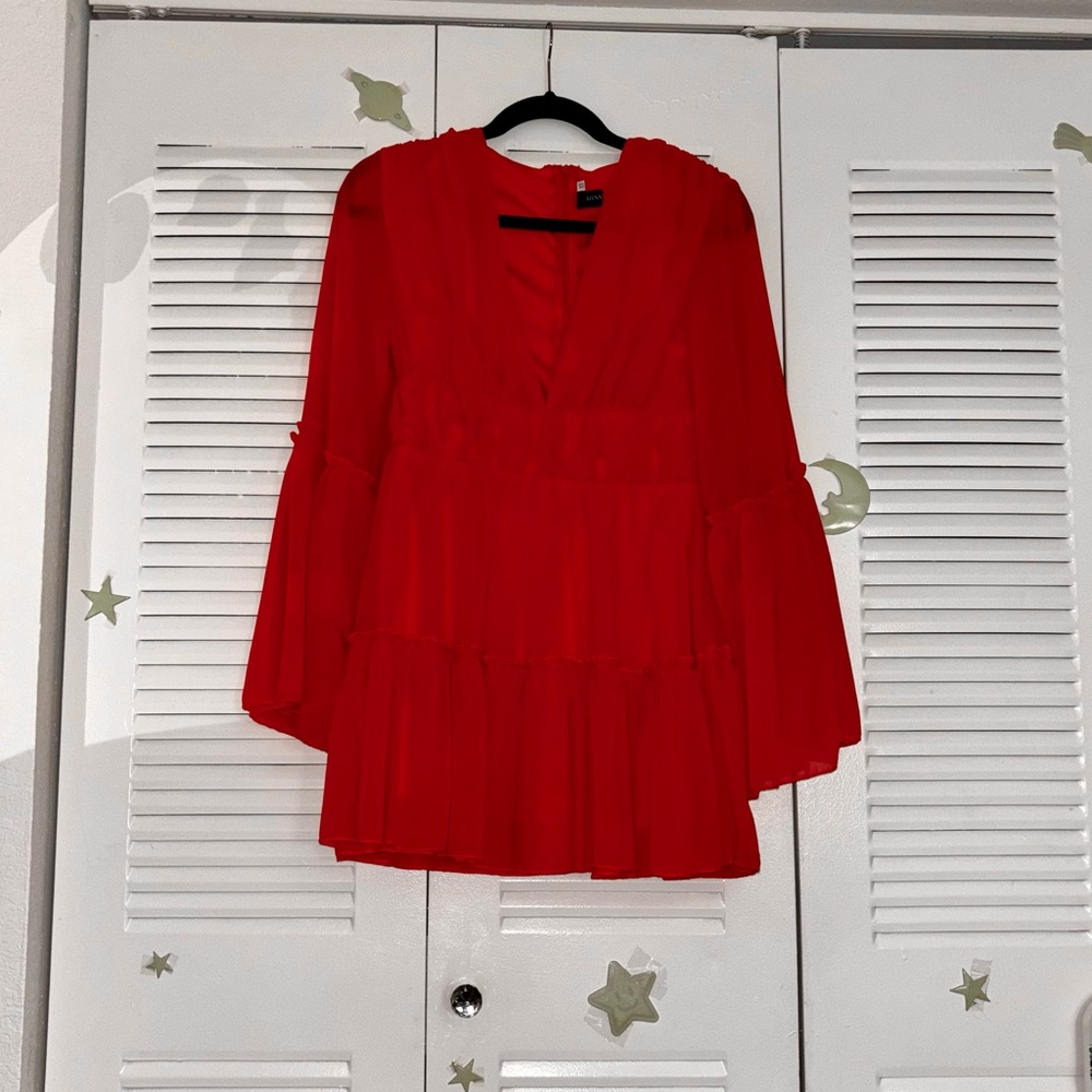 Red Tiered Mini Dress with 3/4 Sleeves